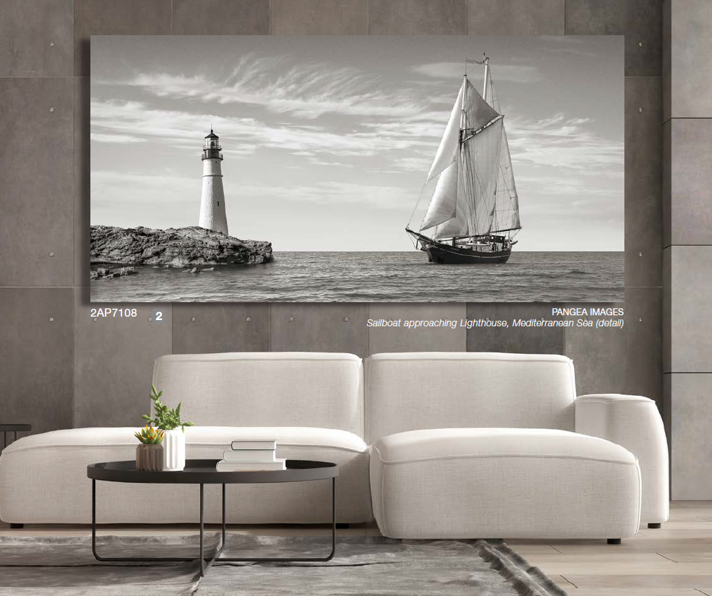 2AP7108 - Pangea Images - Sailboat approaching Lighthouse, Mediterranean Sea (detail)