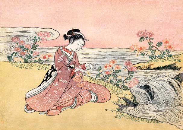 3JP7147 - Suzuki Harunobu - Japanese woman picking chrysanthemum