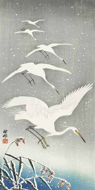 2JP5688 - Ohara Koson - Descending Egrets in Snow