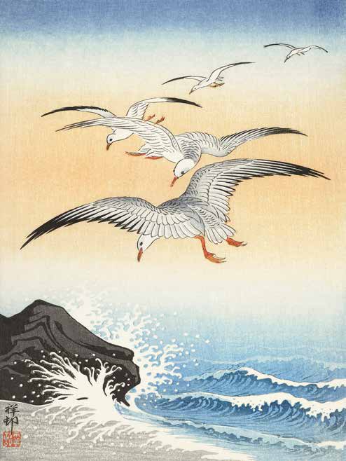 3JP5685 - Ohara Koson - Five seagulls above turbulent sea