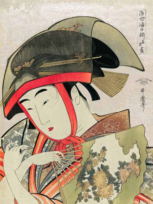 3JP5740 - Utamaro Kitagawa - Woman holding a fan wearing a traditional transparent hat